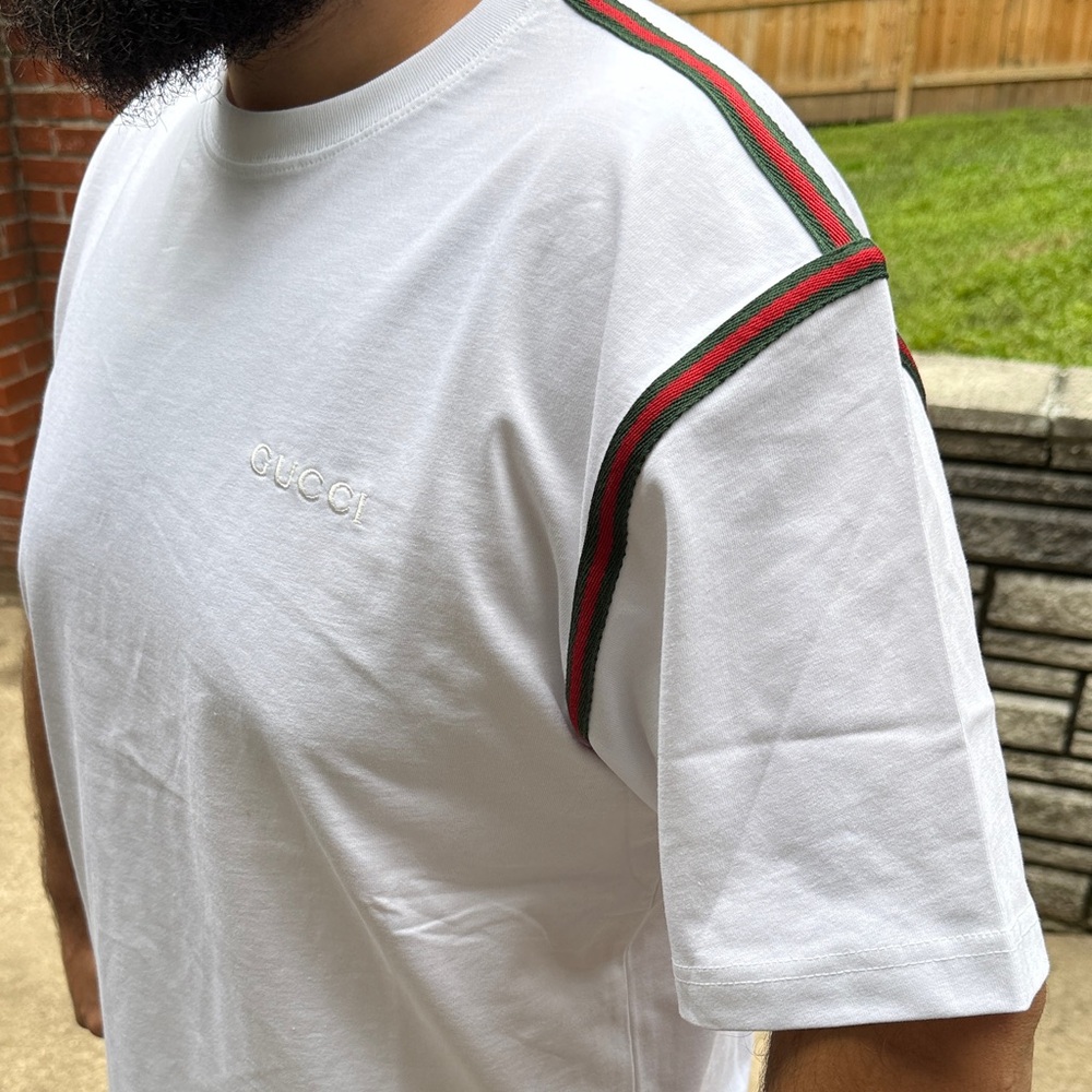 Gucci White Tee with Red and Green Stripes